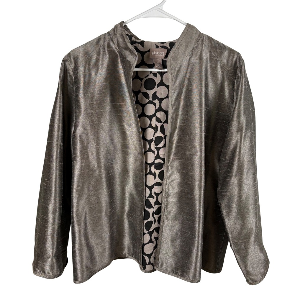 Chico's Open Front Jacket 2/L Silver Metallic Polka Dot Lightweight Party Chic